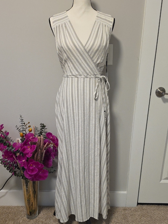 Calvin Klein Dresses & Skirts - Calvin Klein White and Light Gray Striped Wrap Maxi Dress with Tie Waist